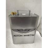 A SILVER COLOURED METAL ASTON MARTIN PETROL CAN WITH BRASS TOP