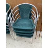 FOUR CHROME AND RATTAN BISTRO STACKING CHAIRS