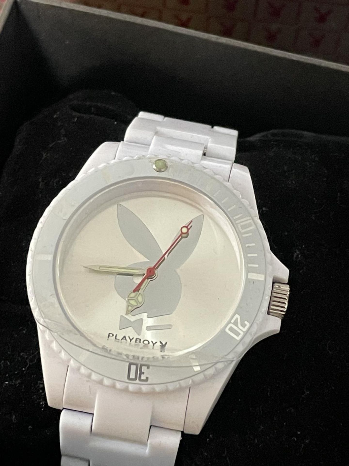 A PLAYBOY WRIST WATCH WITH WHITE STRAP IN A PRESENTATION BOX SEEN WORKING BUT NO WARRANTY - Image 2 of 3