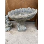 A LARGE RECONSTITUTED STONE BIRD BATH WITH PEDESTAL BASE