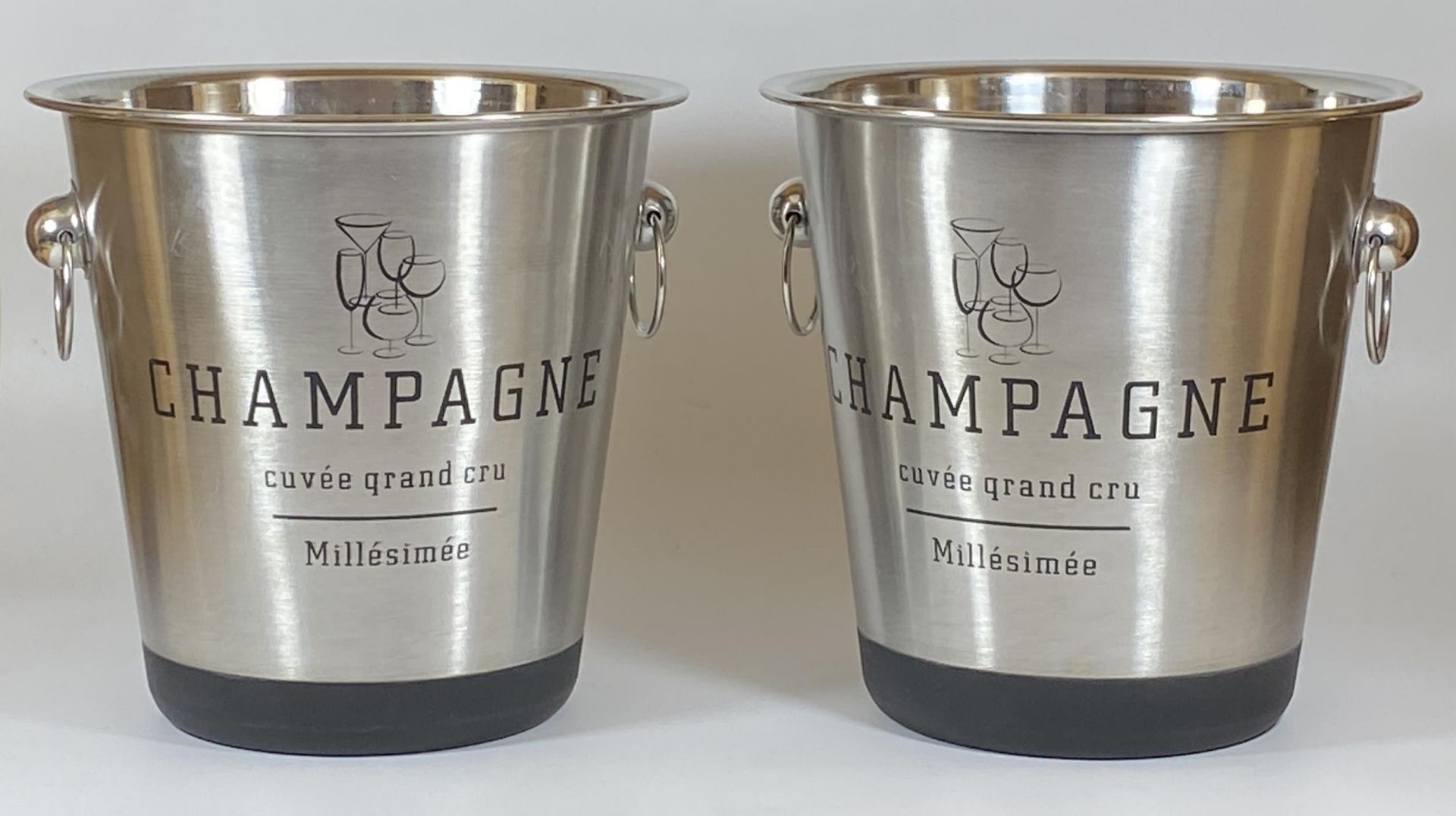 A PAIR OF CHROME EFFECT CHAMPAGNE CUVEE GRAND CRU ICE BUCKETS, HEIGHT 21CM