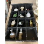 A COLLECTION OF ORIENTAL STYLE MINIATURE VASES PLUS A WOODEN DISPLAY STAND