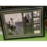 A FRAMED AND GLAZED MONTAGE OF CHAMPION JOCKEY "BOB CHAMPION MBE" SIGNED WITH CERTIFICATE OF