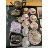 A MIXED LOT TO INCLUDE PINK VICTORIAN CUPS AND SAUCERS WITH BIRD AND FLORAL DESIGN, A GRAY'S POTTERY