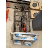 AN ASSORTMENT OF ITEMS TO INCLUDE A BUILDERS HOP UP, A PAIR OF METAL CAR RAMPS AND A MEASURING WHEEL