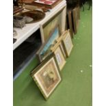 ASSORTED PICTURES - TWO FRAMED OIL PAINTINGS OF A SEASCAPE AND HARBOUR SCENE, A SET OF FOUR FLORAL