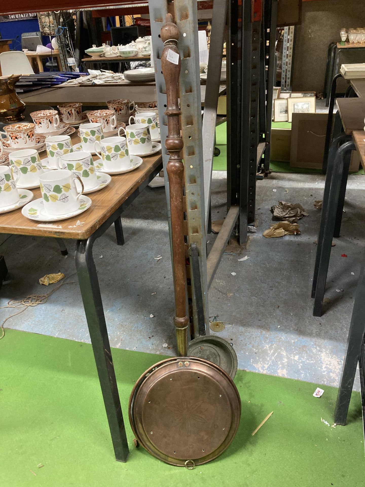 A VINTAGE COPPER WARMING PAN AND FURTHER PAN