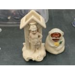 A VINTAGE GERMAN SENTRY BOX SPILL HOLDER AND A CARLTON CRESTED WARE MONKEY