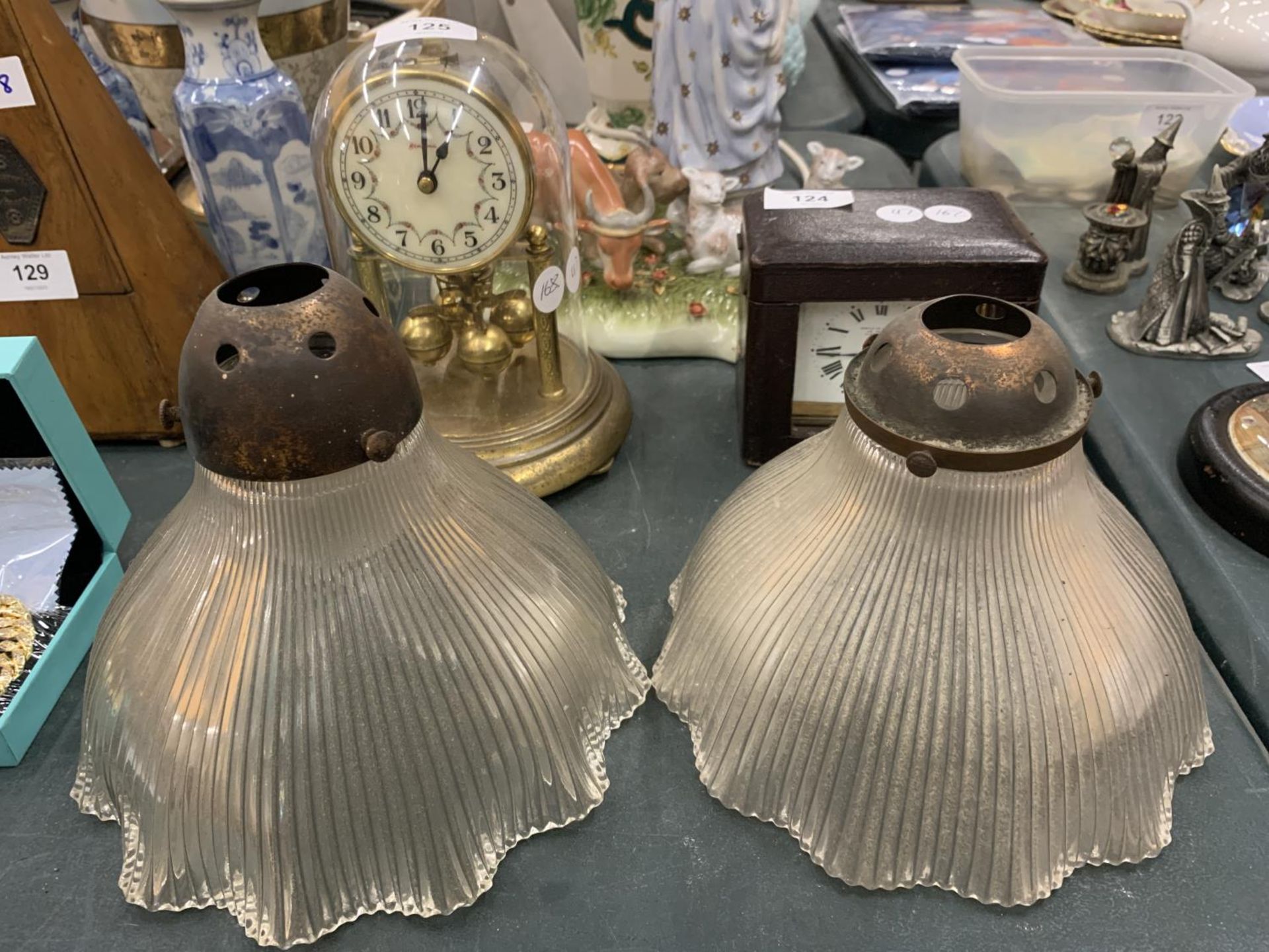 TWO VINTAGE GLASS LIGHT SHADES WITH METAL FITTINGS