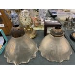 TWO VINTAGE GLASS LIGHT SHADES WITH METAL FITTINGS