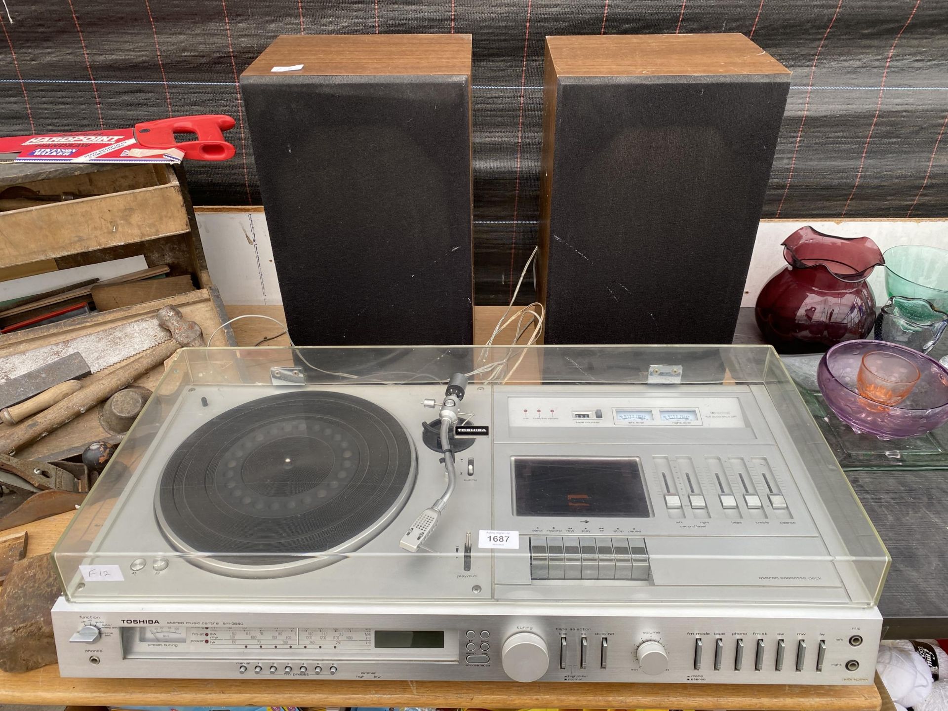 A TOSHIBA SM-3650 STEREO MUSIC CENTRE WITH TWO WOODEN CASED SPEAKERS