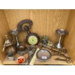 AN ASSORTMENT OF ITEMS TO INCLUDE A DRESSING TABLE SET, BAROMETERS AND A COPPER JUG ETC