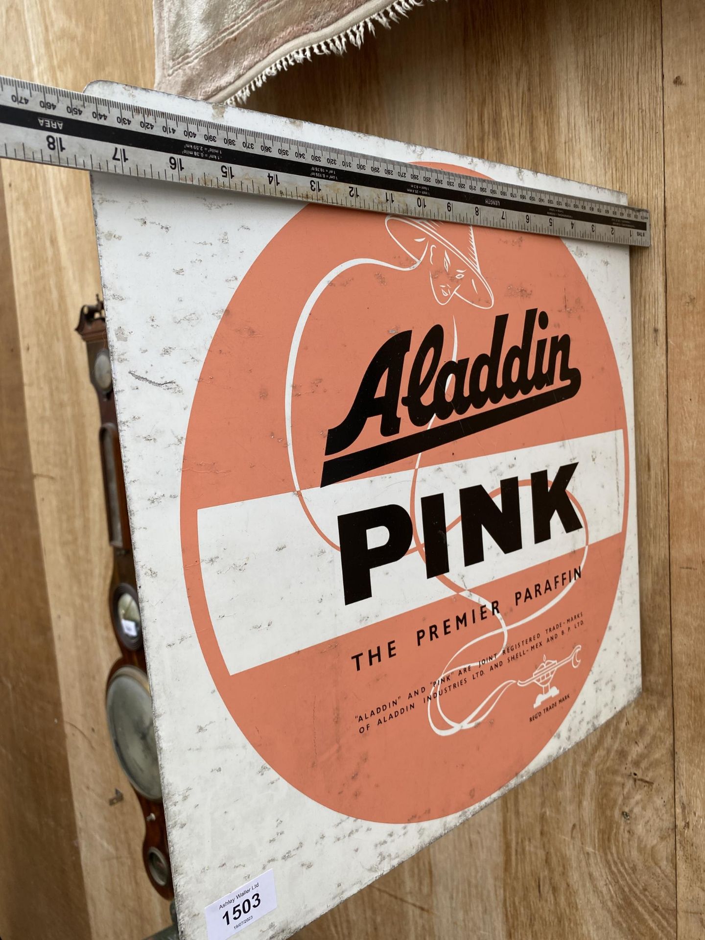 A BELIEVED ORIGINAL DOUBLE SIDED METAL 'ALADDIN PINK' PARAFIN SIGN - Image 4 of 5