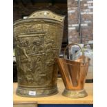 TWO ITEMS - A BRASS LOG BUCKET AND COPPER SMALLER BASKET