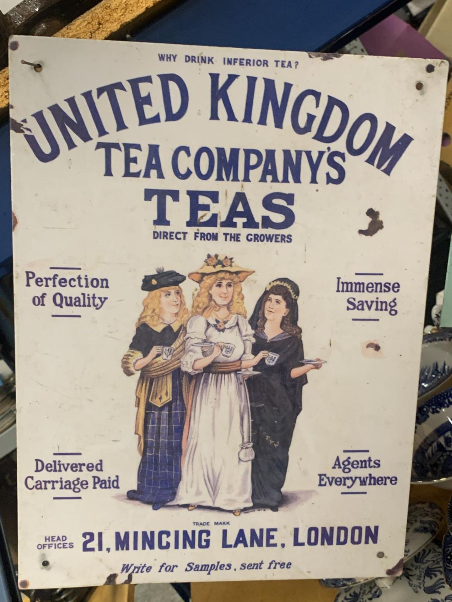 A TIN SIGN 'UNITED KINGDOM TEA COMPANY'S TEAS) 40CM X 30CM