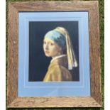 A VINTAGE OAK FRAMED AFTER JOHANNES VERMEER 'GIRL WITH PEARL EARRING' PRINT 86 X 75CM