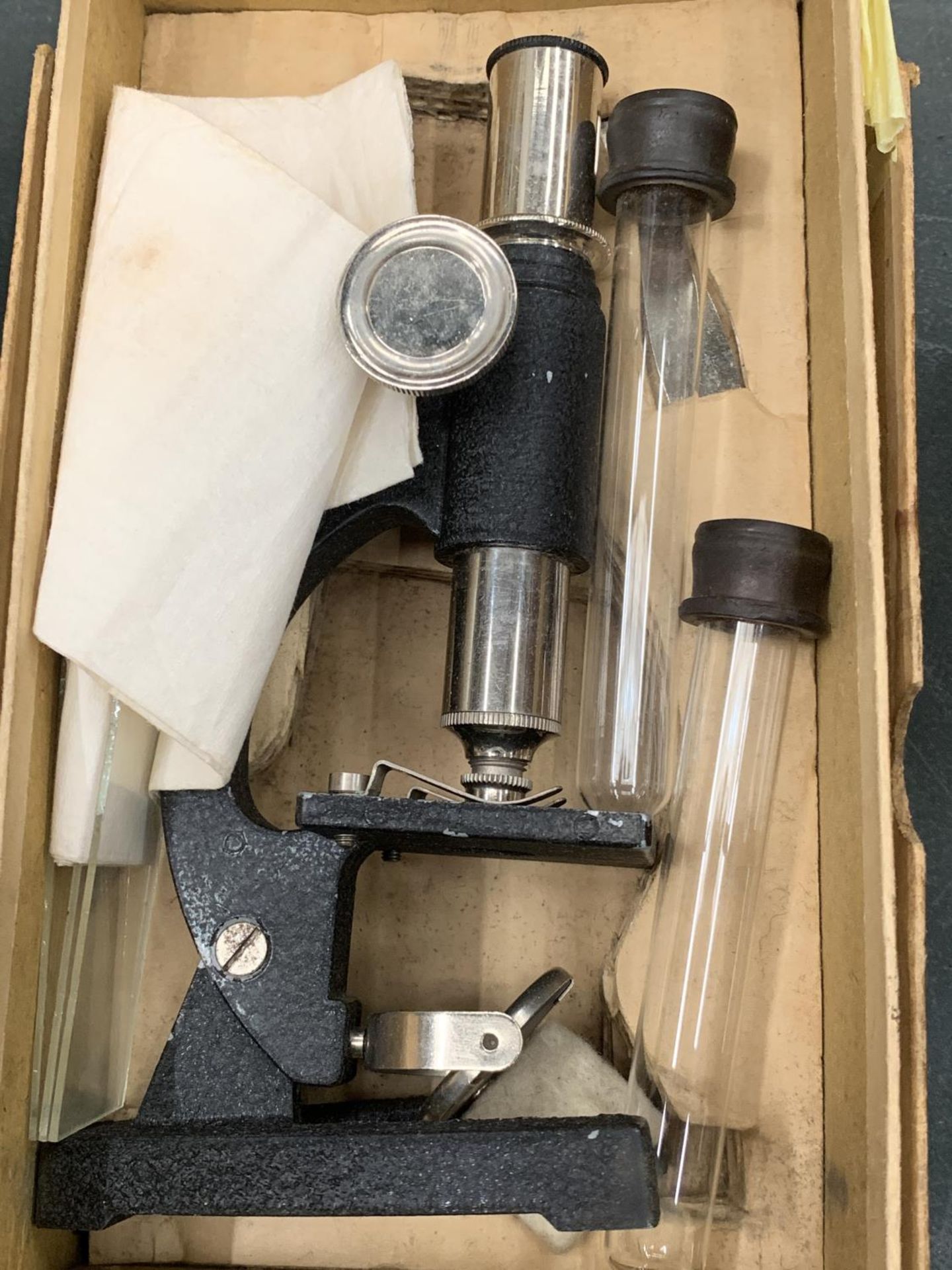 A VINTAGE STUDENT'S MICROSCOPE COMPLETE WITH SLIDES AND SPECIMEN TUBES (UNUSED) TOGETHER WITH TWO - Image 2 of 2