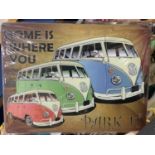 A VW TIN SIGN (HOME IS WHERE YOU PARK IT) 40CM X 30CM