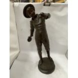 A LARGE SPELTER BOY FIGURE WITH PLAQUE TITLED 'PAN!' , HEIGHT 56CM