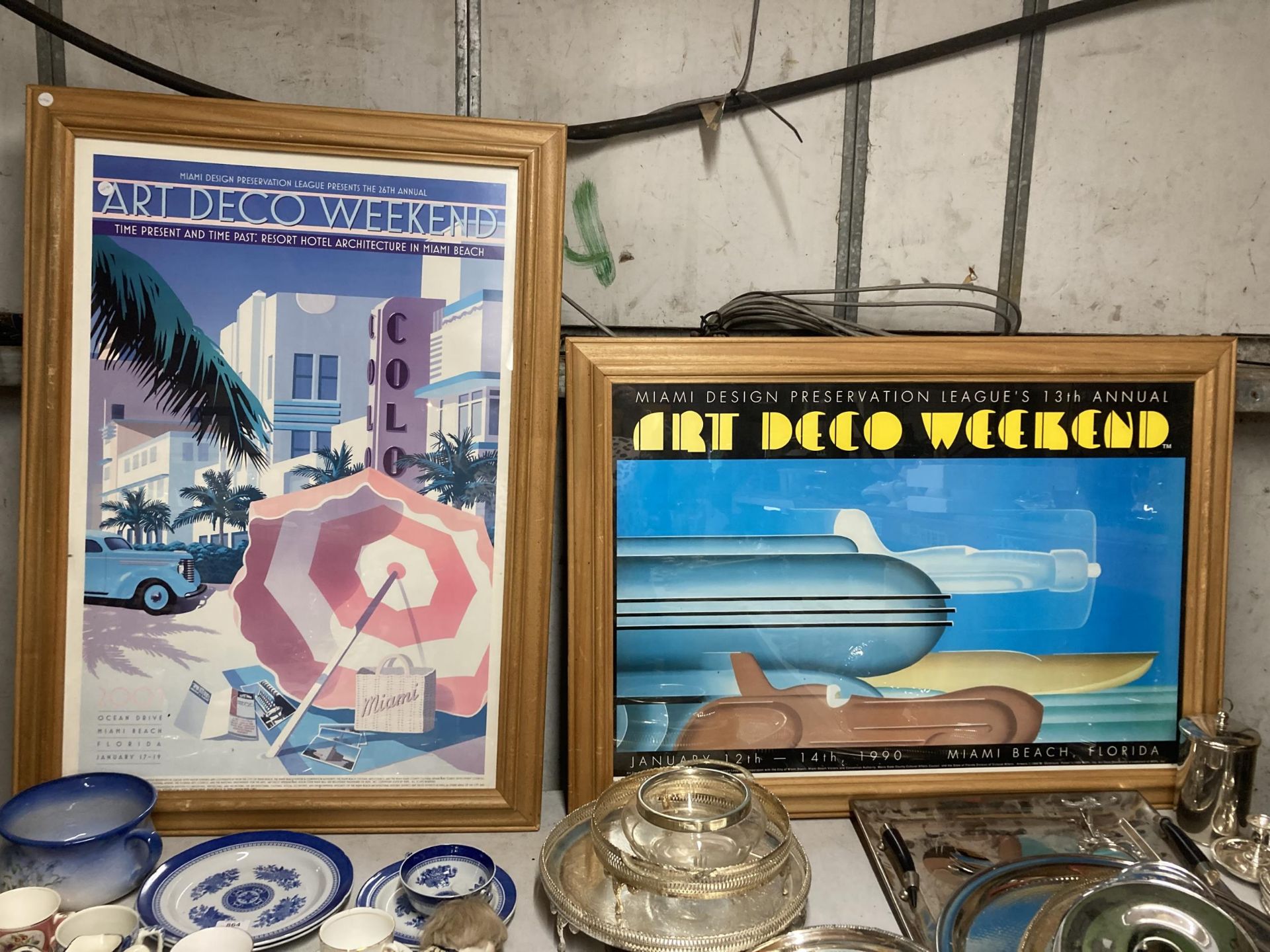 TWO ART DECO STYLE MIAMI ART DECO WEEKEND WOODEN FRAMED PRINTS