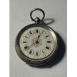 A MARKED 935 SILVER FOB WATCH WITH A WHITE ENAMEL DECORATIVE FACE AND ROMAN NUMERALS