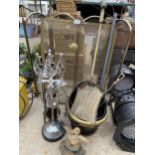 AN ASSORTMENT OF FIRESIDE ITEMS TO INCLUDE A COAL BUCKET, FIRE SCREENS AND COMPANION SETS ETC
