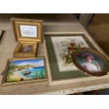 A FRAMED CROSS STITCH TAPESTRY, SMALL GILT FRAMED PRINTS AND A CABINET PLATE