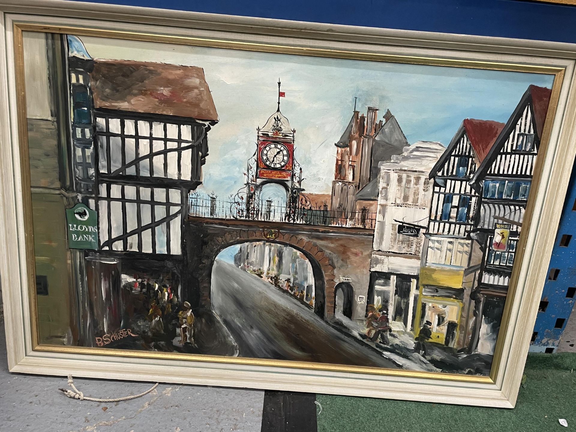 A FRAMED OIL PAINTING OF A HIGH STREET SCENE, SIGNED P.SCHUSTER - Image 2 of 4