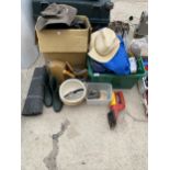 AN ASSORTMENT OF GARDENING ITEMS TO INCLUDE TOOLS, HANGING BASKET BRACKETS AND OVERALLS ETC