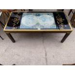 A COFFEE TABLE WITH BRASS TRIM ENCLOSING VINTAGE STYLE WORLD MAP 41" x 19"