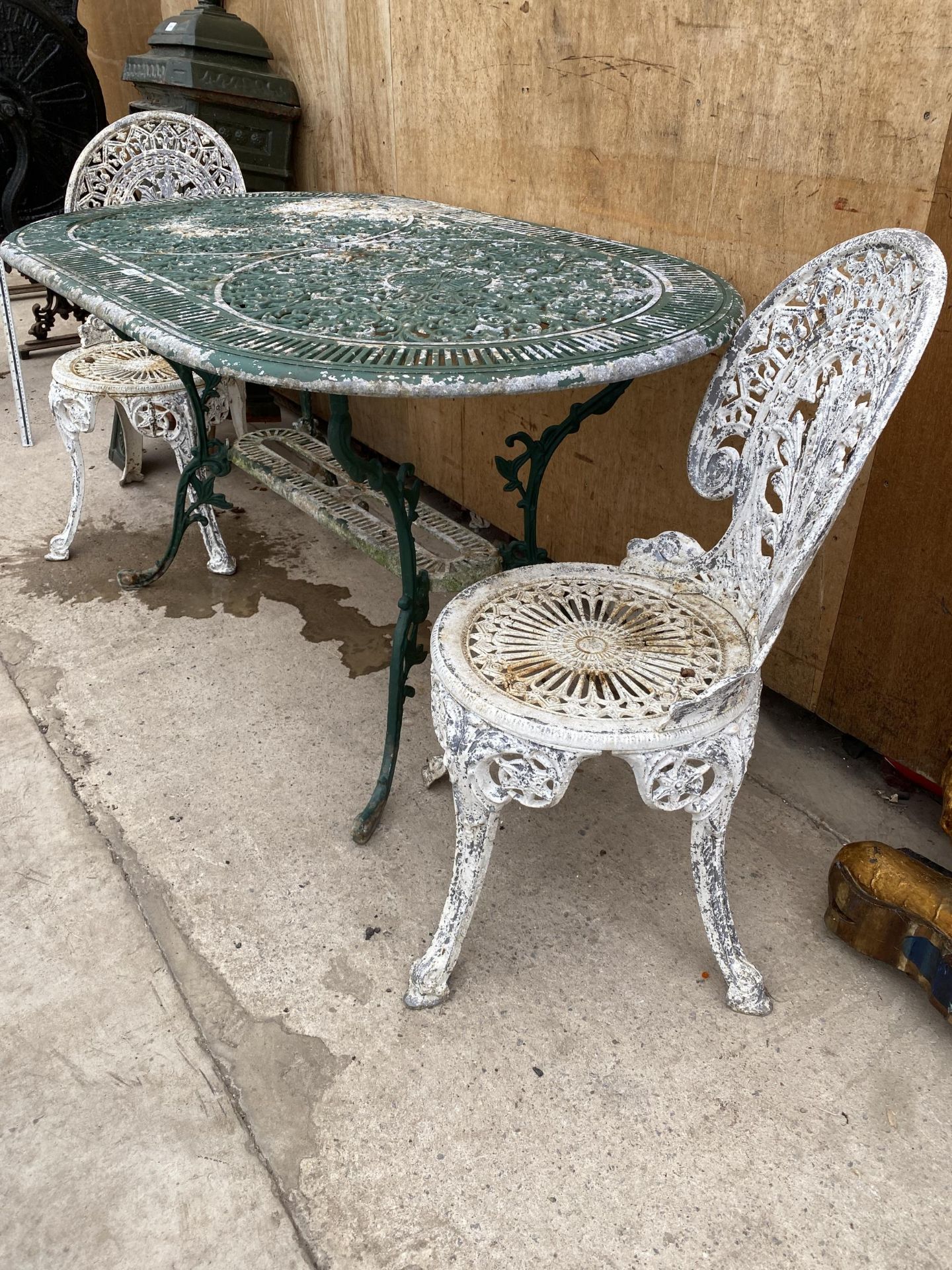 A CAST ALLOY PATIO TABLE AND TWO CAST ALLOY BISTRO CHAIRS - Image 2 of 3