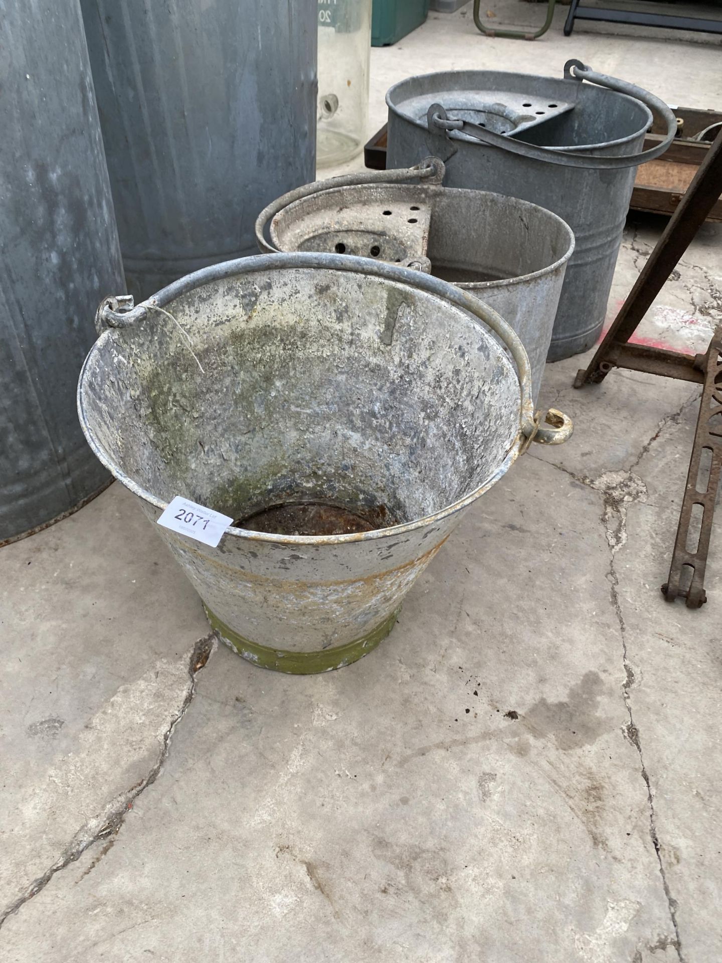 THREE GALVANISED ITEMS TO INCLUDE TWO MOP BUCKETS AND A SINGLE BUCKET - Image 2 of 2