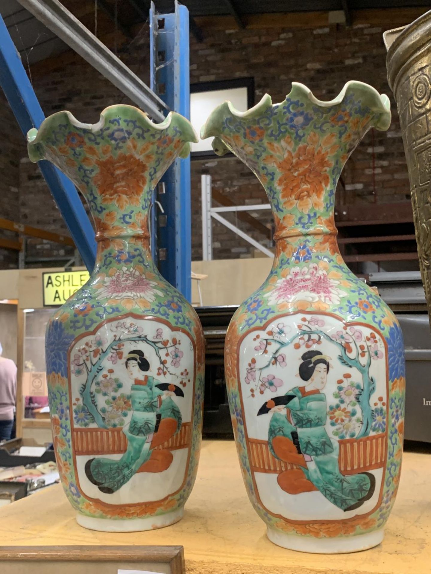 A PAIR OF JAPANESE VASES WITH FLUTED TOPS HEIGHT 36CM - BOTH A/F