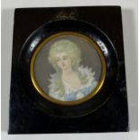 A 19TH CENTURY HAND PAINTED PORTRAIT OF A LADY, SIGNED MONET, IN EBONISED WOODEN FRAME, 10 X 9CM