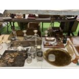A MIXED LOT TO INCLUDE SILVER PLATED CANDLEABRA, SALVER, FURTHER ITEMS ETC