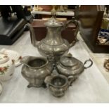 A PEWTER TEASET TO INCLUDE TEAPOT, SUGAR, MILK AND HOT WATER JUG