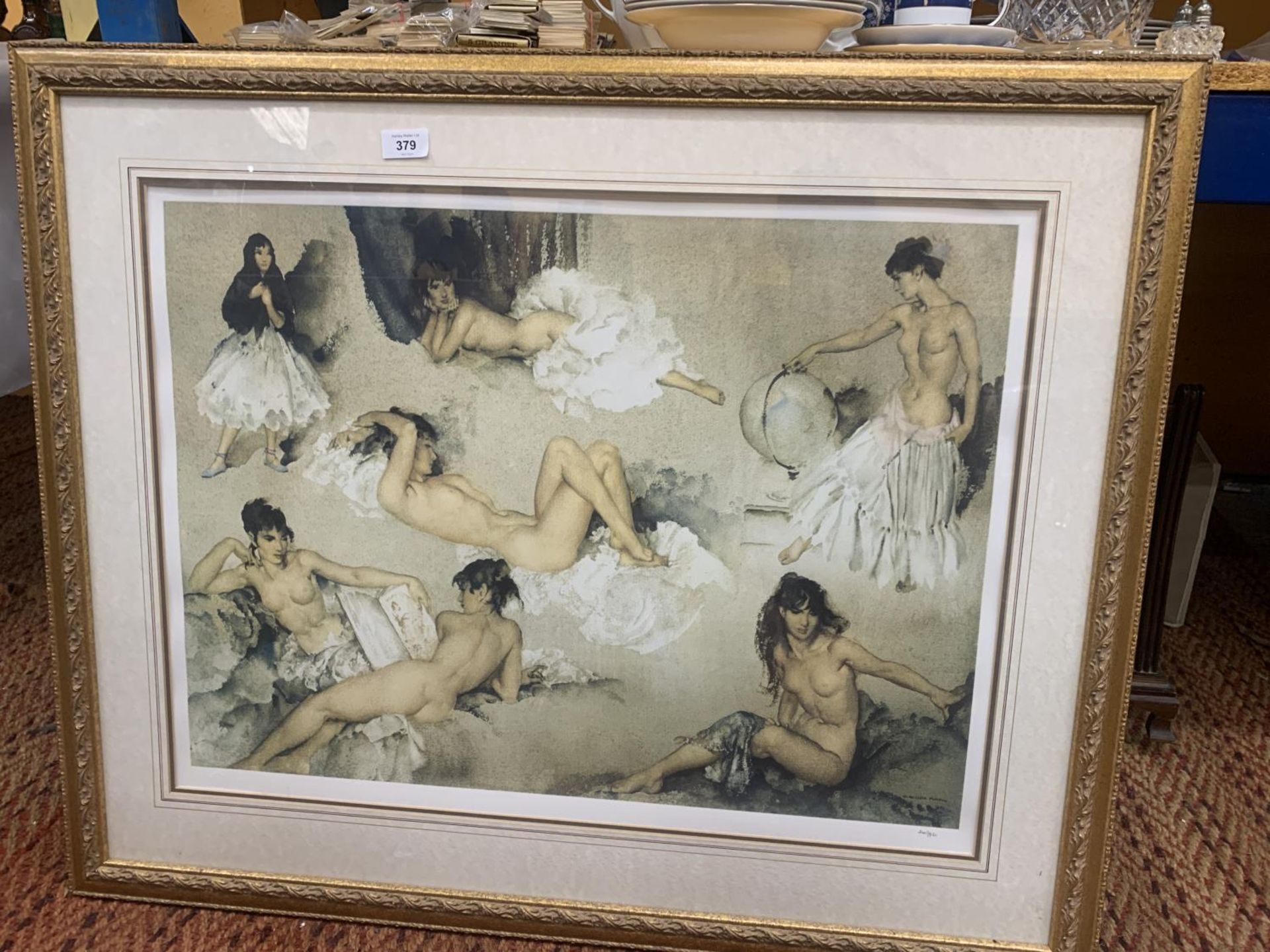 A LARGE GILT FRAMED SIR WILLIAM RUSSEL FLINT PRINT OF NUDE LADIES 'VARIATIONS', NUMBERED 241/850,