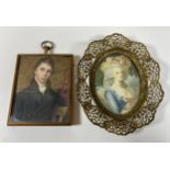 TWO VINTAGE PORTRAIT MINIATURES TO INCLUDE BRASS FILIGREE FRAME EXAMPLE, LENGTH 11CM