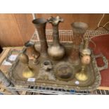 AN ASSORTMENT OF VINTAGE AND DECORATIVE BRASS WARE TO INCLUDE A TRAY, CANDLESTICKS AND CLOISONNE