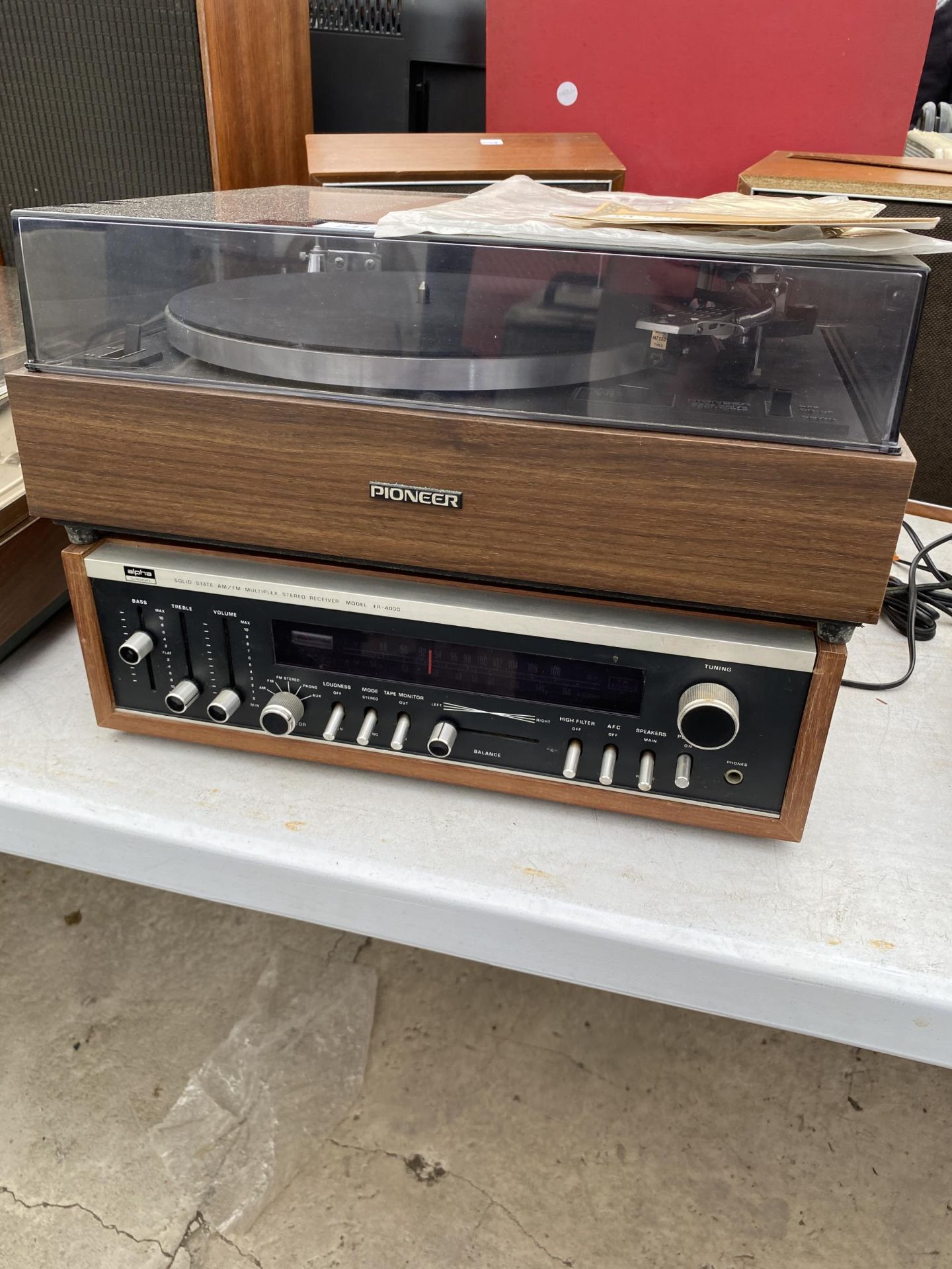 A PIONEER TURNTABLE, AN ALPHA MULTIPLEX STEREO RECIEVER AND A PAIR OF WOODEN CASED HI FIDELITY - Image 2 of 5