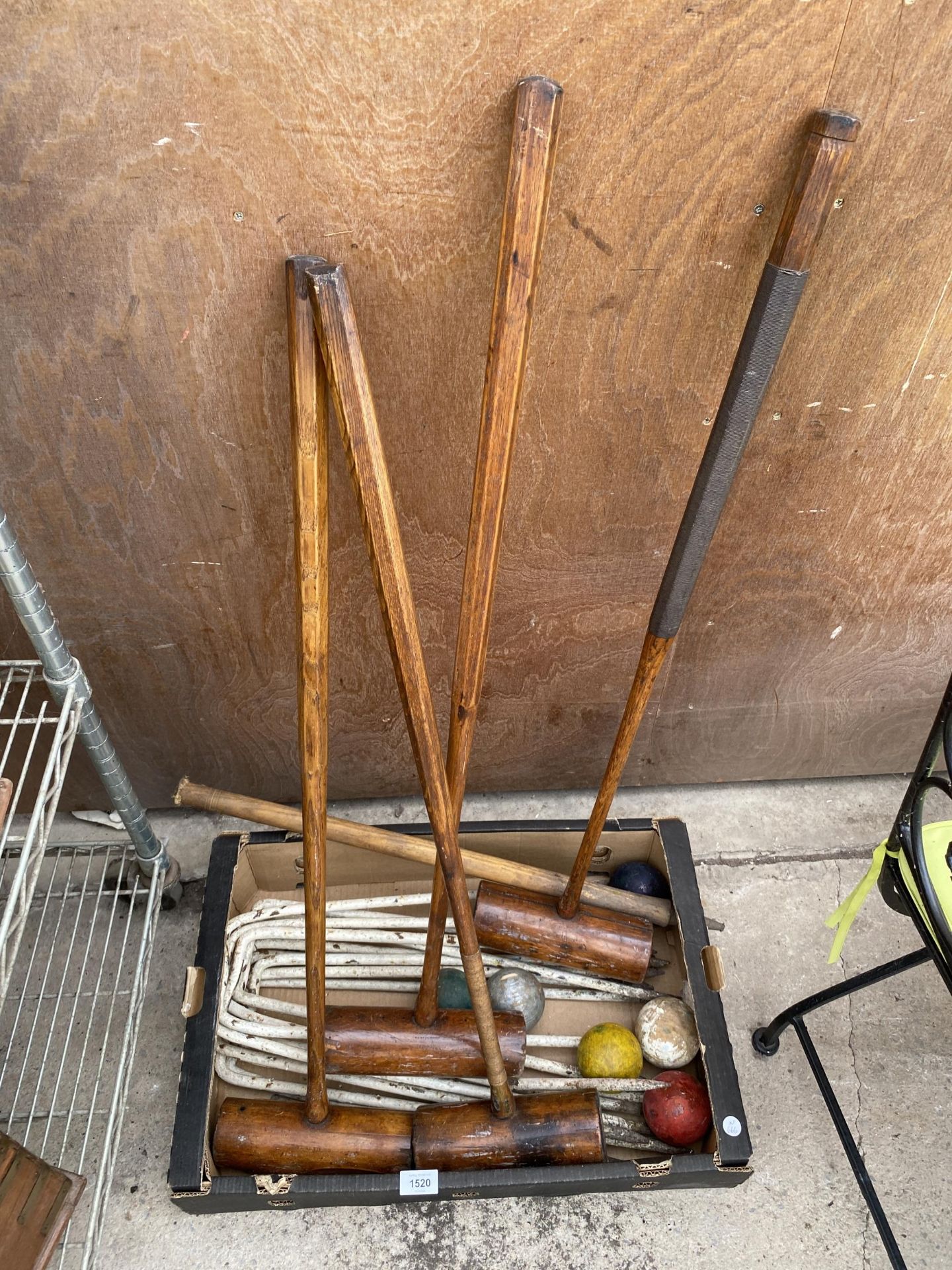 A VINTAGE JACQUES OF LONDON CROQUET SET COMPLETE WITH FOUR MALLETS, BALLS AND HOOPS ETC