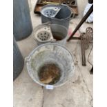 THREE GALVANISED ITEMS TO INCLUDE TWO MOP BUCKETS AND A SINGLE BUCKET
