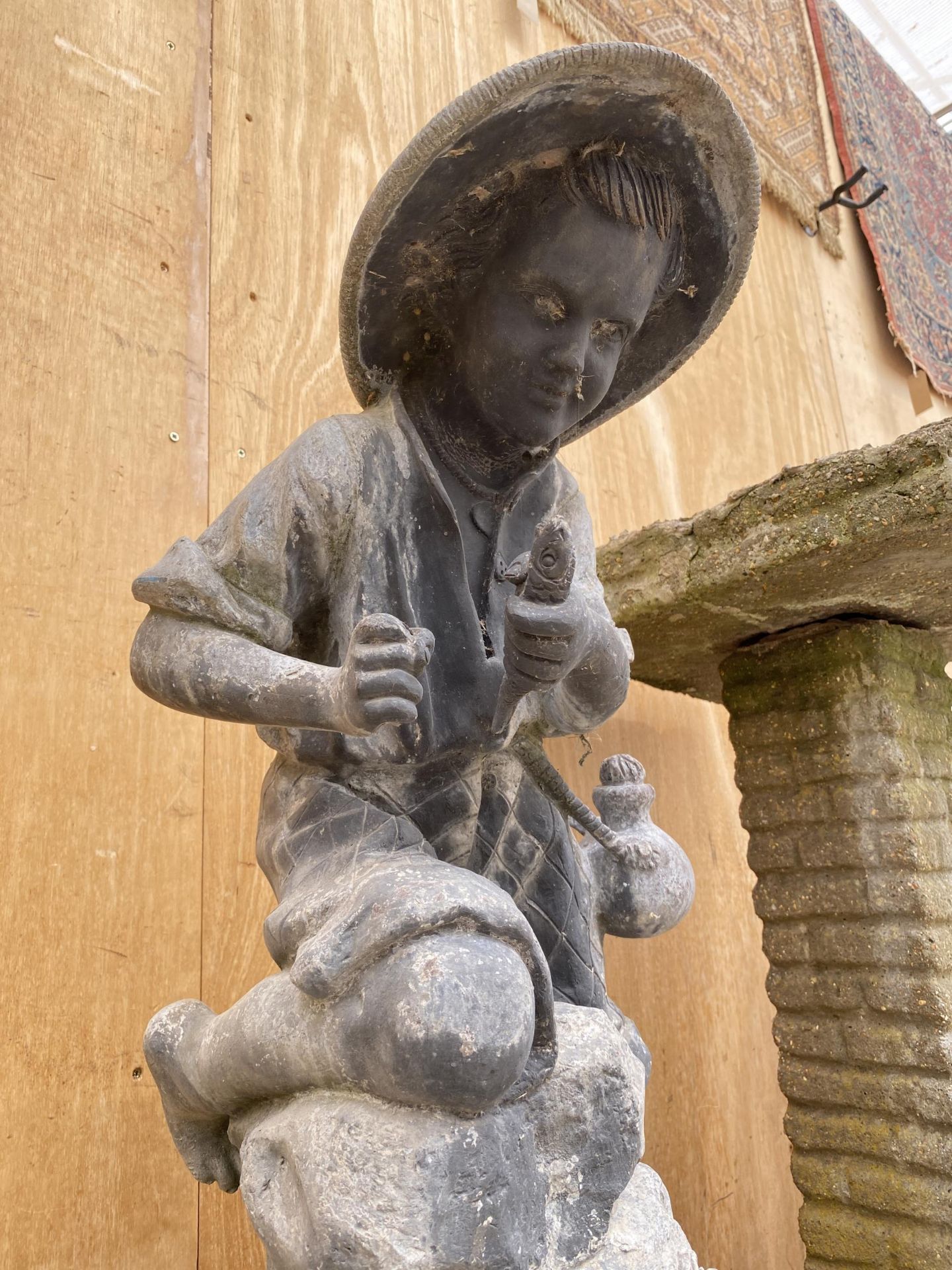 A 19TH CENTURY HEAVY LEAD STATUE OF A BOY FISHING ON A CONCERETE BASE (H:90CM) - Image 2 of 8