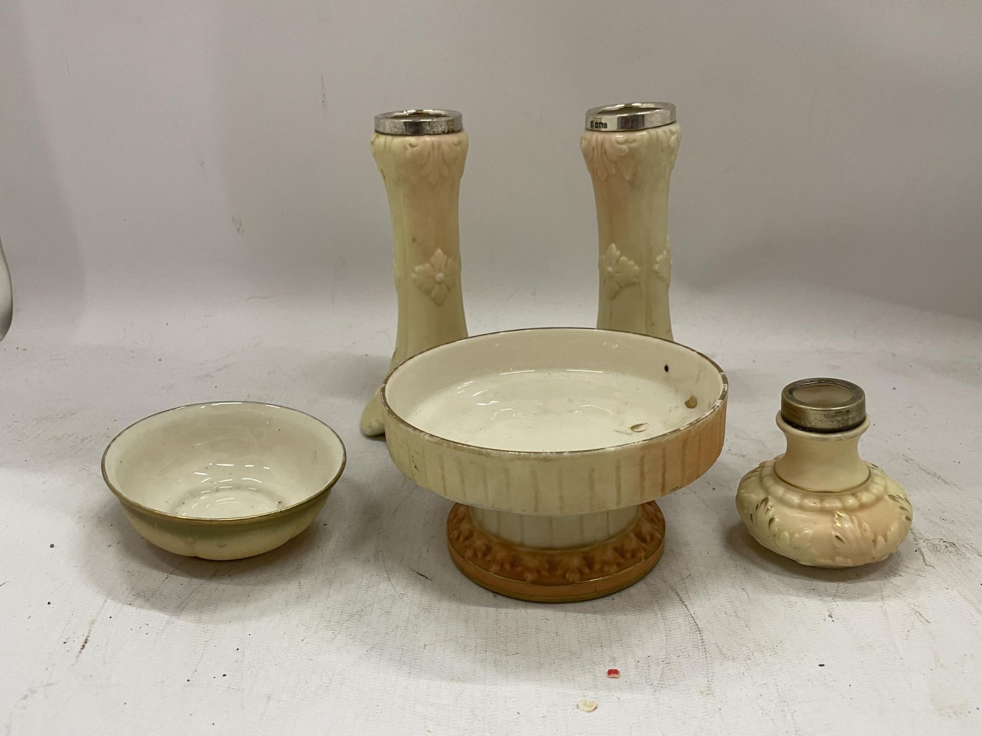 A COLLECTION OF LOCKE & CO WORCESTER BLUSH IVORY CERAMICS, TWO WITH HALLMARKED SILVER TOPS - Image 2 of 6