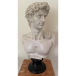 AN ITALIAN MARBLE EFFECT RESIN BUST OF DAVID, HEIGHT 52CM