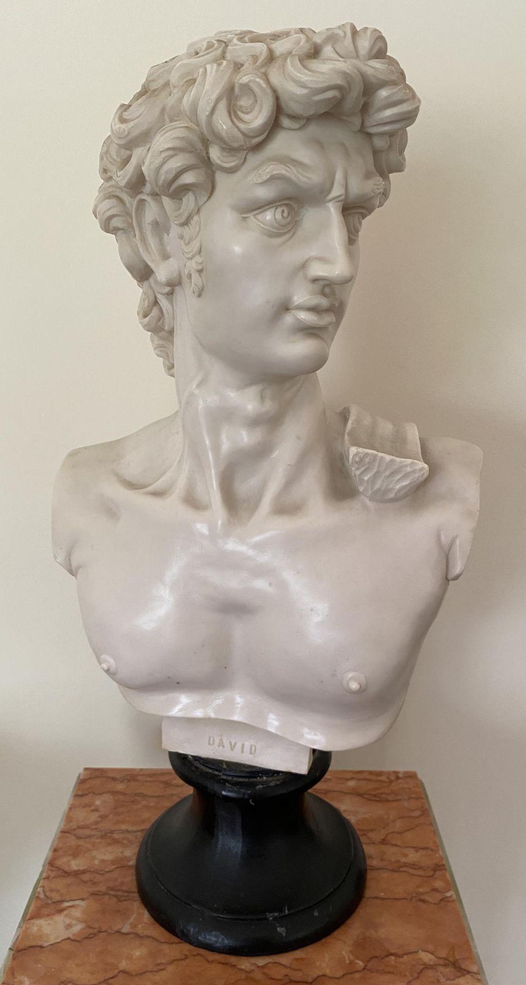 AN ITALIAN MARBLE EFFECT RESIN BUST OF DAVID, HEIGHT 52CM