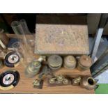A BRASS AND WOODEN STORAGE BOX TOGETHER WITH OIL LAMP SHADES, ETC.,