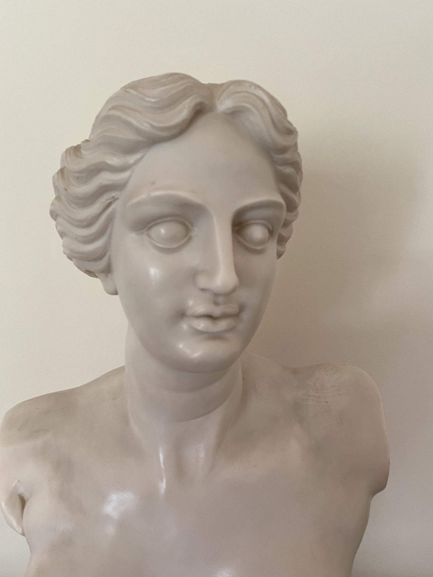 AN ITALIAN MARBLE EFFECT RESIN NUDE FEMALE BUST OF VENERE DE MILO, HEIGHT 50CM - Image 2 of 4