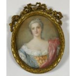 A 19TH CENTURY HAND PAINTED PORTRAIT OF A LADY, INDISTINCTLY SIGNED, IN GILT RIBBON FRAME, LENGTH