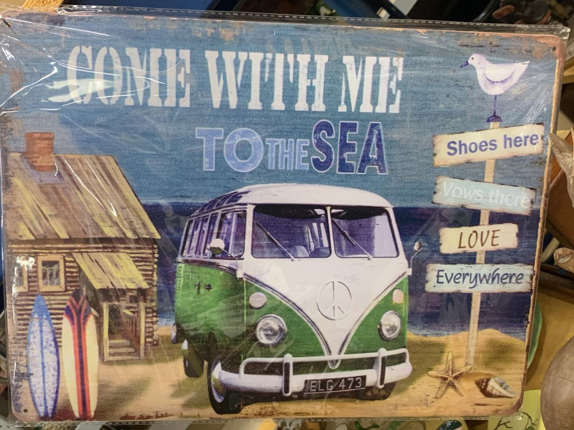 A VW TIN SIGN (COME WITH ME TO THE SEA) 40CM X 30CM